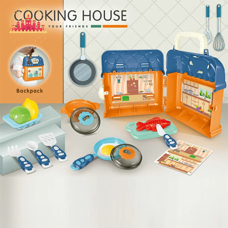 Portable Kitchen Backpack Pretend Play House Plastic Tableware Set Toy For Kids SL10G093
