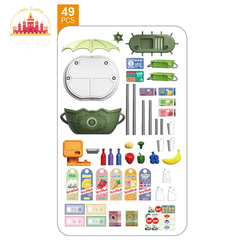 Newest children pretend play toy 49pcs plastic supermarket shopping basket toy SL10G035