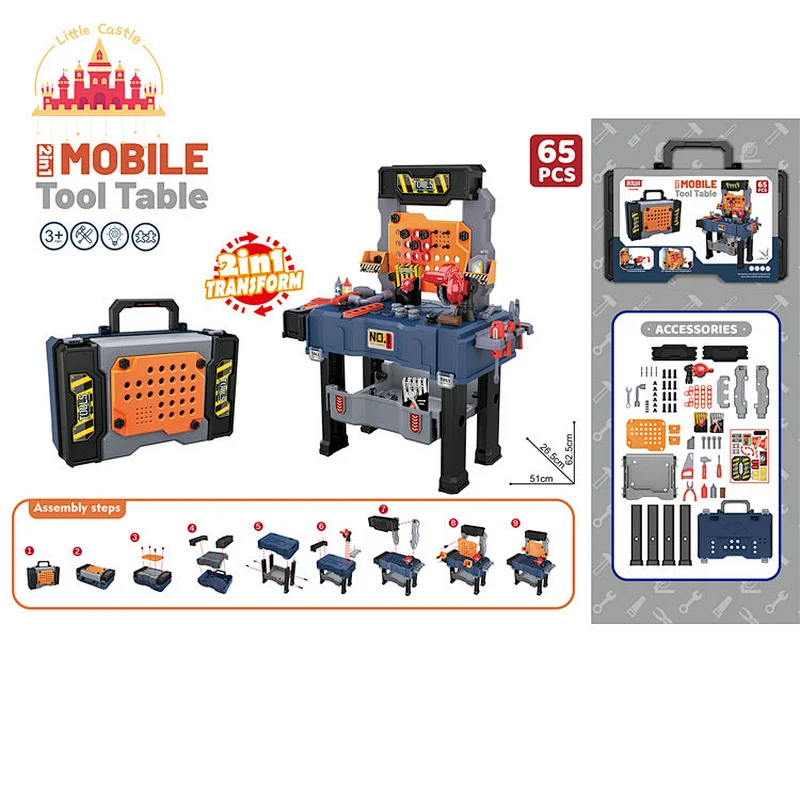 2 In 1 Transform Mobile Suitcase 65 Pcs Plastic Tool Table Set Toy For Kids SL03D005