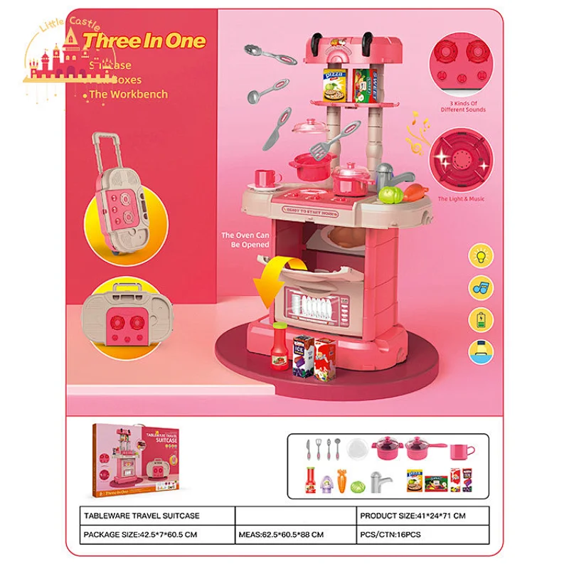 3 In 1 Kids Trolley Case Cooking Play Set Plastic Kitchen Toy With Light SL10G496