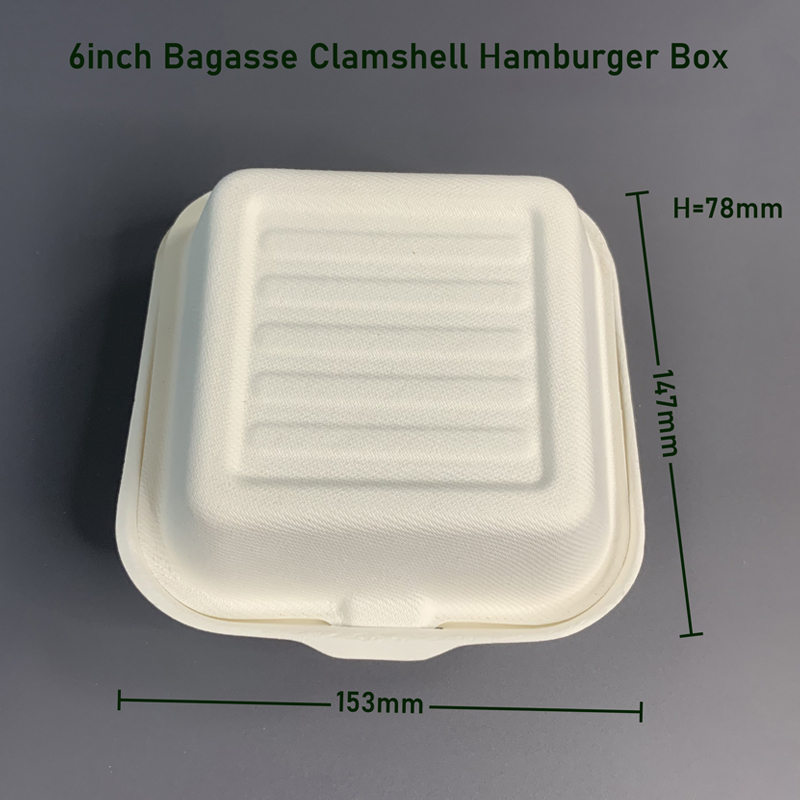 6inch Biodegradable Bagasse Clamshell Container Hamburger Box