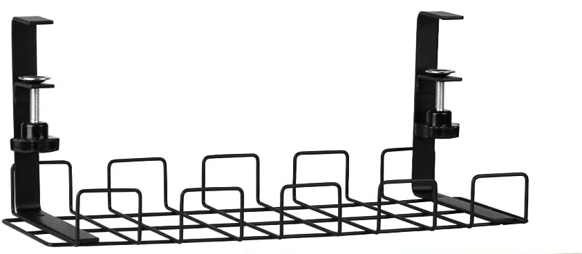 under desk wire basket tray keeps computer cables off the ground