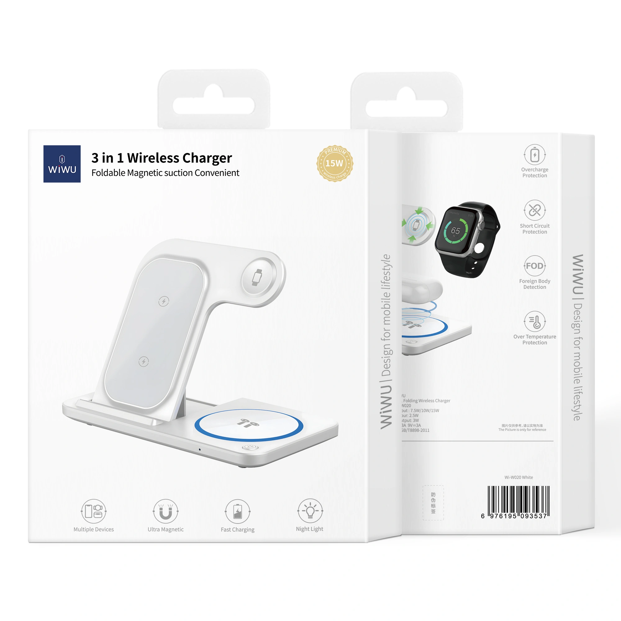 Auto Orient Wiwu Material: Abs+Pc Type C Charging Port Support 15W Max Wireless Charging 3 In 1 Wireless Charge For Phone, Airpods, Iwatch Net Weight 320G Wiwu Wi-W020 Foldable 15W 3 In 1 Wireless Charger Wiwu Wi-W020 Foldable 15W 3 In 1 Wireless Charger - White