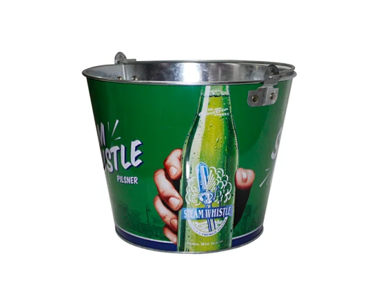 This customizable beverage tub is made of durable and food grade metal, with convenient handles for easy carrying.