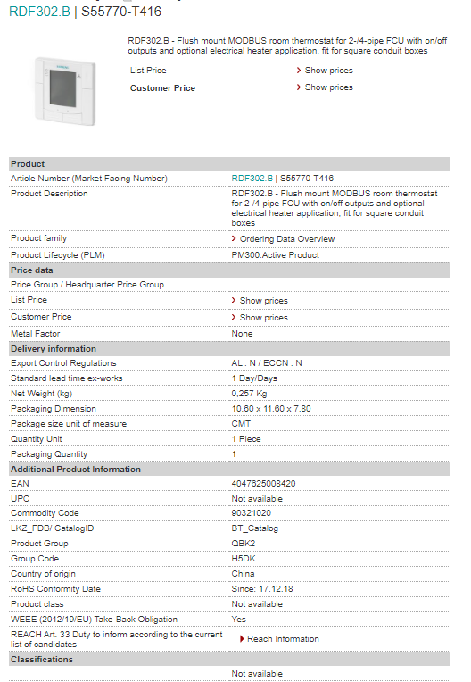 S55770-T416 RDF302.B thermostat flush mount room thermostat | HansFA