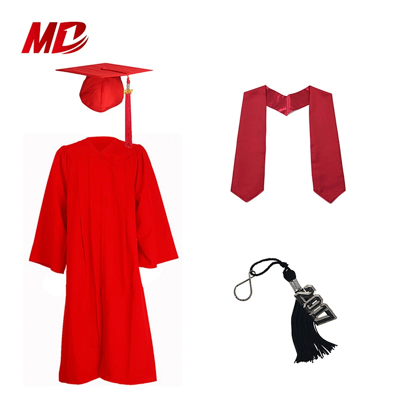Beautiful Decorated Red Matte Children Graduation Sets Caps and Gowns and Stoles and Key Chains