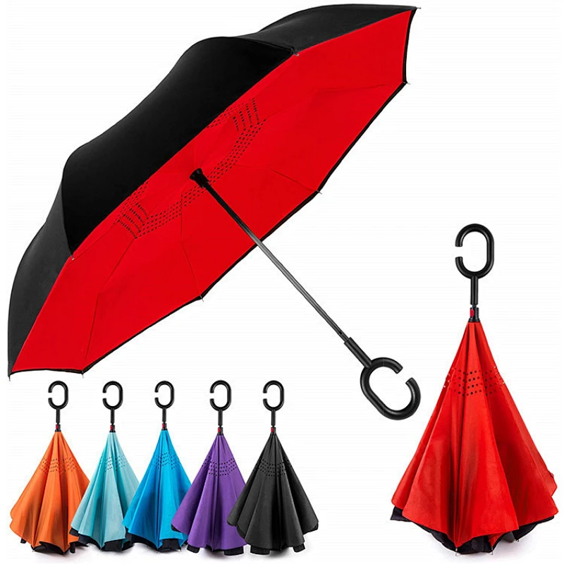 Moda único color rojo C mango de goma japonés kazbrella paraguas invertidos