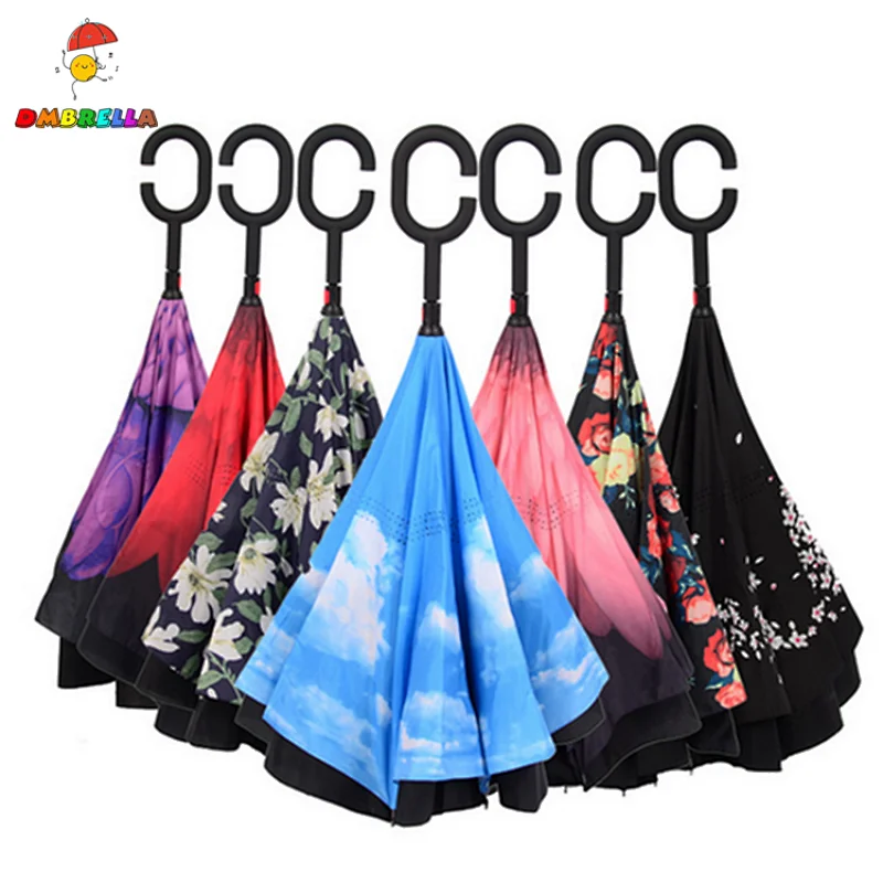 New Products Stock Double layer Print Flower C handle travel kazbrella upside-down inverted reverse umbrella with logo printing