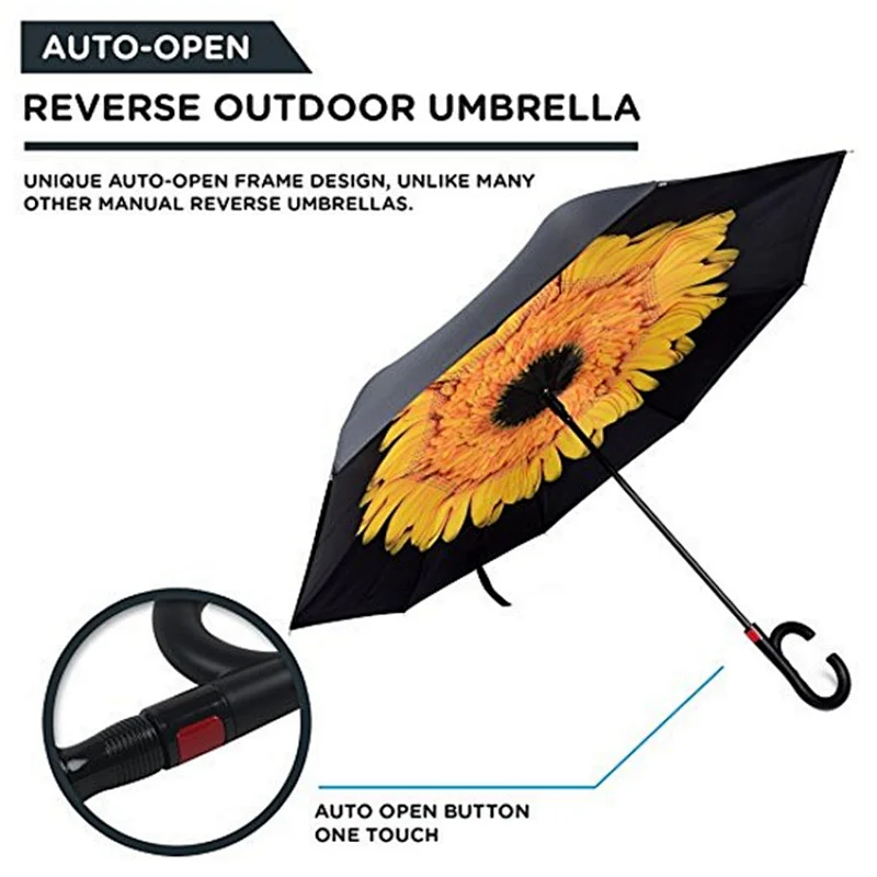 Reverse Inverted Auto Open Umbrella Upside Down Windproof Umbrellas for Women and Men