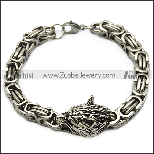 Cool Design Silver Engraved Block Chain Biting Pulley Single Wolf Biker Bracelet