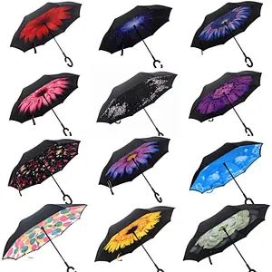 New Products Stock Double layer Print Flower C handle travel kazbrella upside-down inverted reverse umbrella with logo printing