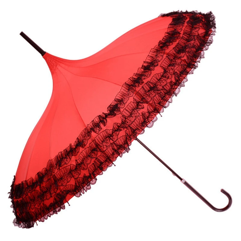 Parasol anti-ultravioleta con borde de encaje y borde de pagoda con mango de gancho