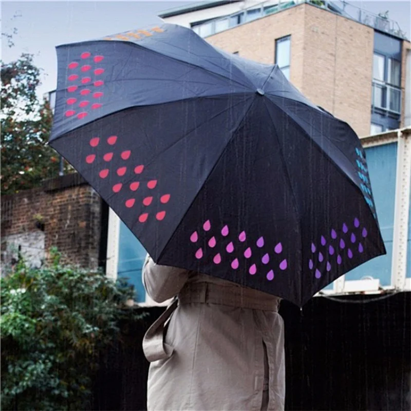Bright Color Changing 3 Fold Rain Umbrella Water Discoloration When Meet Water Rain Gear