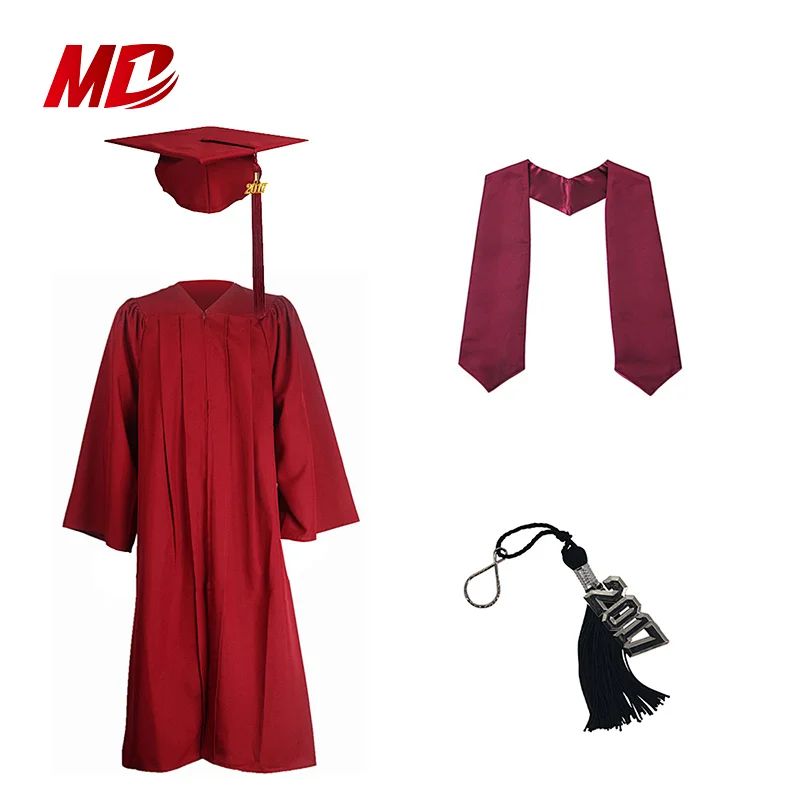 High Quality Decorated Maroon Matte Children Graduation Sets Caps and Gowns and Stoles and Key Chains