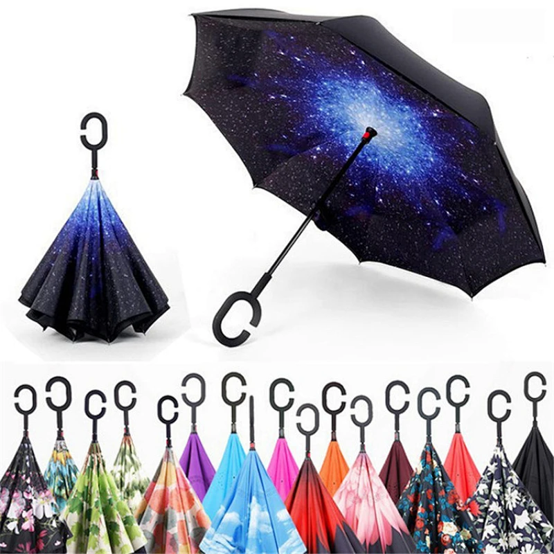 Starry night invertida reversa doble capa impermeable stipe paraguas recto