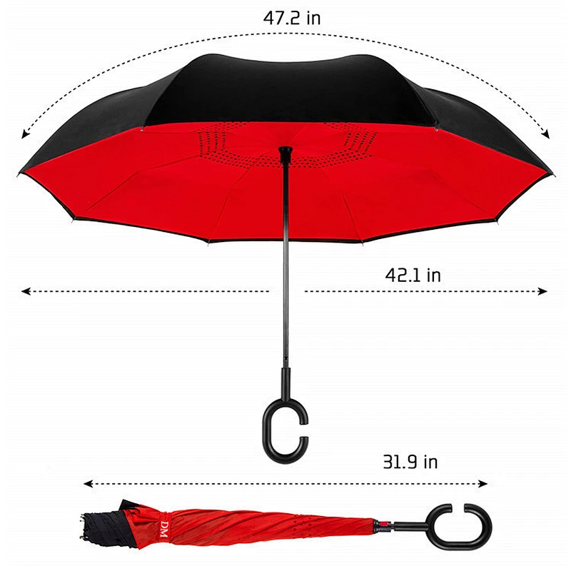 Moda único color rojo C mango de goma japonés kazbrella paraguas invertidos