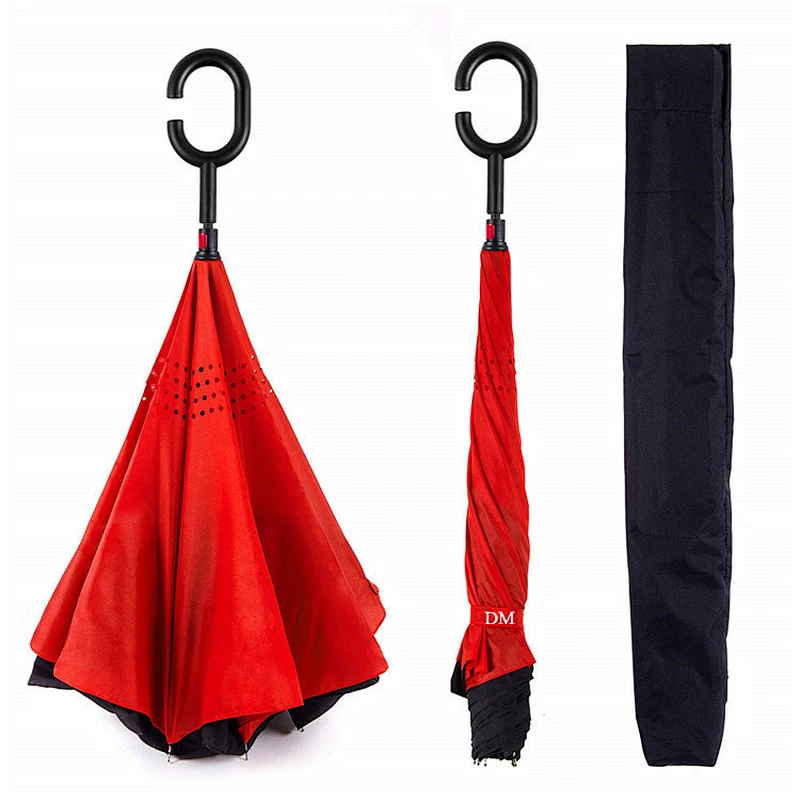 Moda único color rojo C mango de goma japonés kazbrella paraguas invertidos