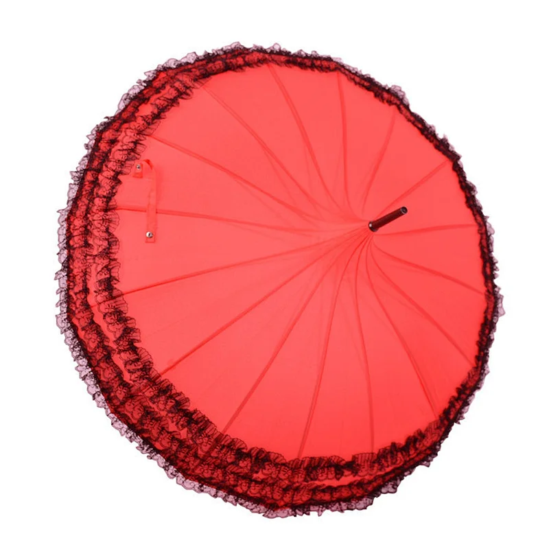 Anti-UV Parasol Sunproof Lace Trim Pagoda Umbrella with Hook Handle