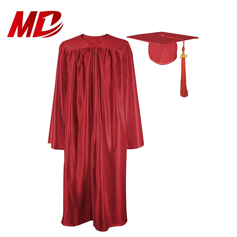 High School Graduation Uniform Shiny Maroon Gown and Cap
