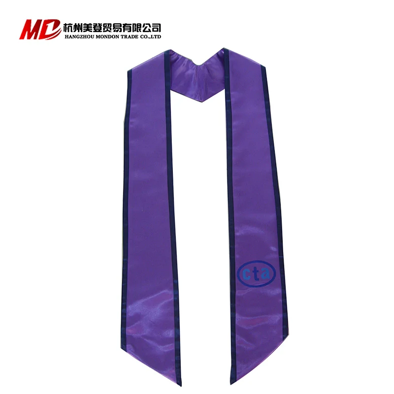 Wholesale Slant Purple Satin Embroidered Logo Honor Stole with Trim