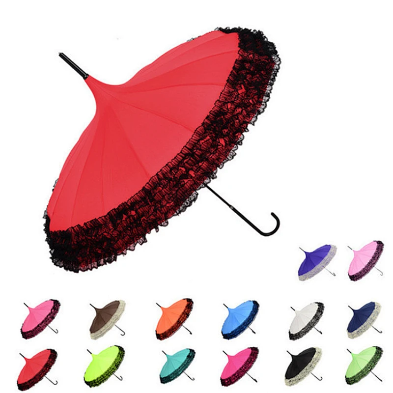 Parasol anti-ultravioleta con borde de encaje y borde de pagoda con mango de gancho