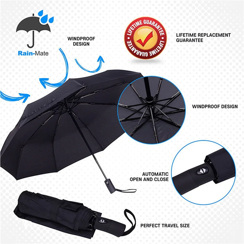 Multiple Colors Auto Open/Close Windproof Fast Drying Compact Travel Umbrella with Teflon Coated