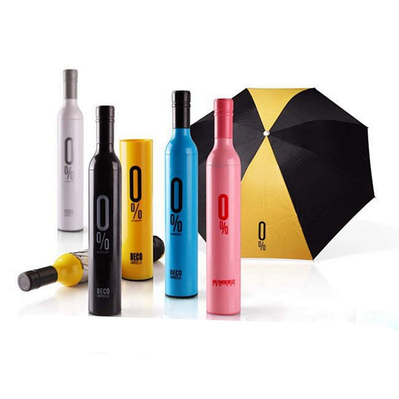 Water Bottle Design Fashion Customized logo Cheap Advertising Gift drink 3 fold 0% wine shape bottle umbrella