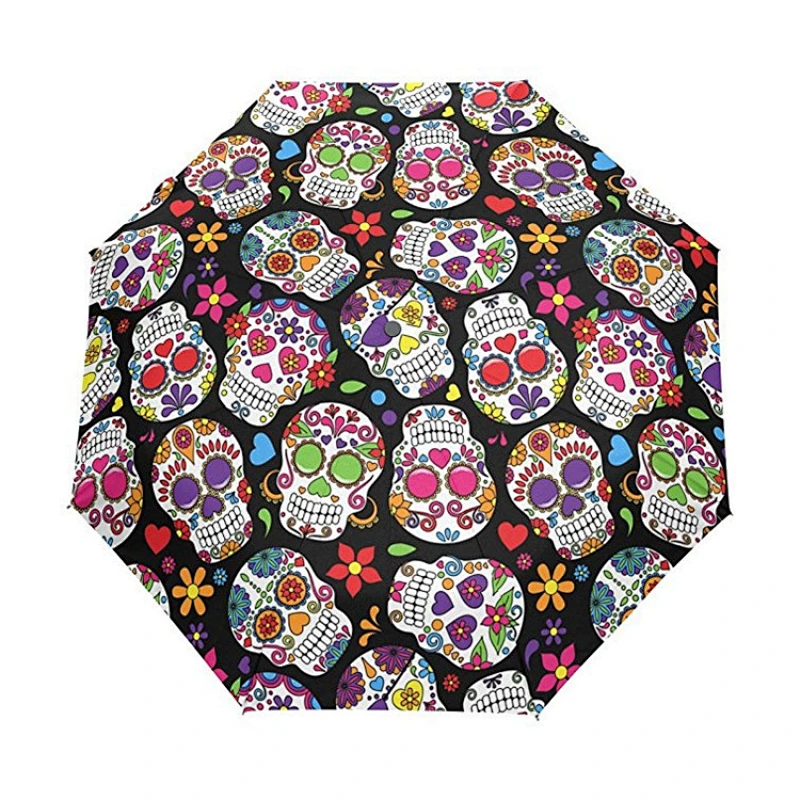 Dead Sugar Skull Coco Flowers Paraguas Doble cara Canopy Auto Abrir Cerrar Viajes plegables Paraguas de lluvia