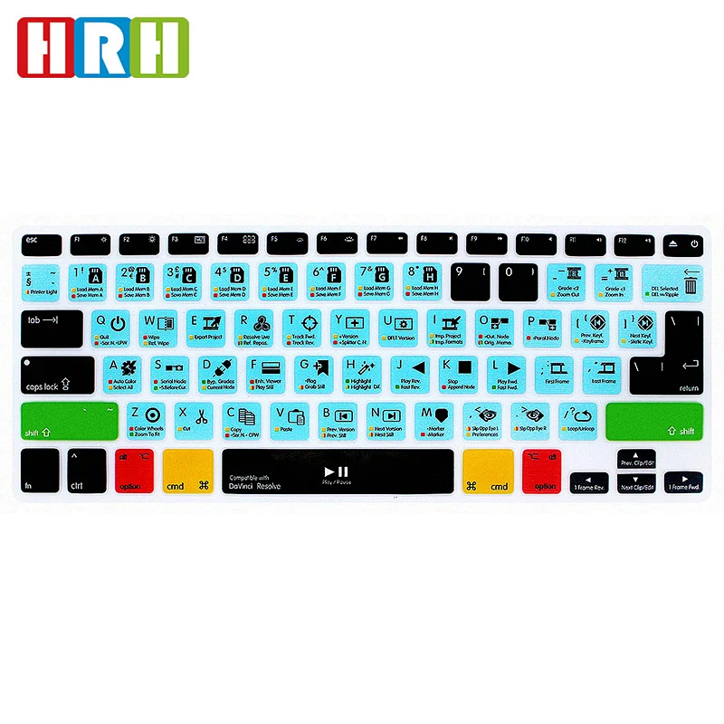 Durable Multi Function DaVinci Resolve Hot Key Silicone Laptop Internal Keyboard Cover For apple a1466 For Macbook Pro