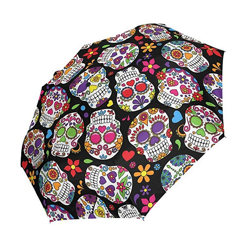 Dead Sugar Skull Coco Flowers Umbrella Double Sided Canopy Auto Open Close Foldable Travel Rain Umbrellas