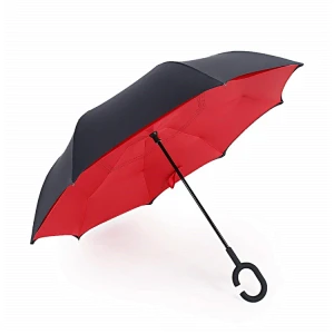 Moda único color rojo C mango de goma japonés kazbrella paraguas invertidos
