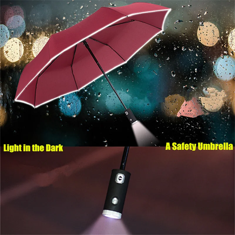 Fashion Safety Automatic open close reflective 3 fold umbrella with led light