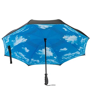 Fiberglass Ribs Reverse Folding Inverted Umbrella with 2 Layered Teflon Canopy