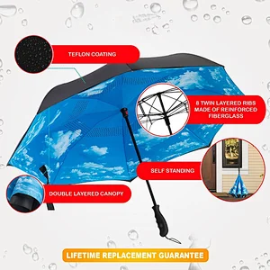 Fiberglass Ribs Reverse Folding Inverted Umbrella with 2 Layered Teflon Canopy
