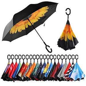 Double Layer Inverted Umbrella C Shape handle Reverse Folding Windproof UV Protection Big Straight Umbrella for Car Rain Outdoor