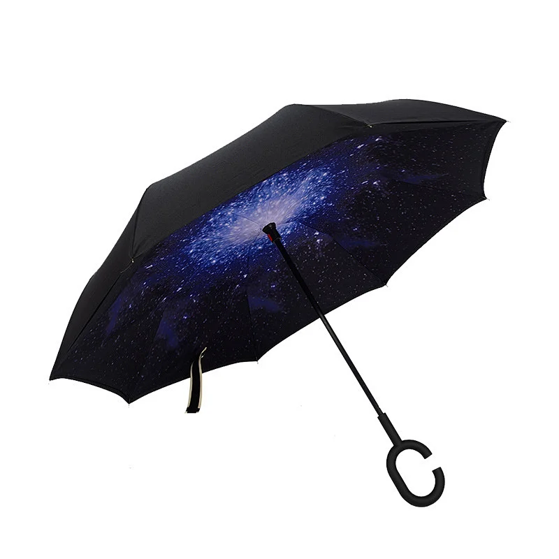 Double Layer Windproof UV Protection Big Straight Inverted Umbrellas Reverse Folding Umbrella with C-Shaped Handle