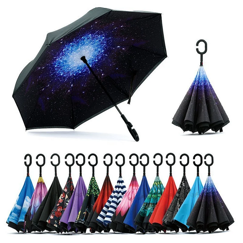 Double Layer Windproof UV Protection Big Straight Inverted Umbrellas Reverse Folding Umbrella with C-Shaped Handle