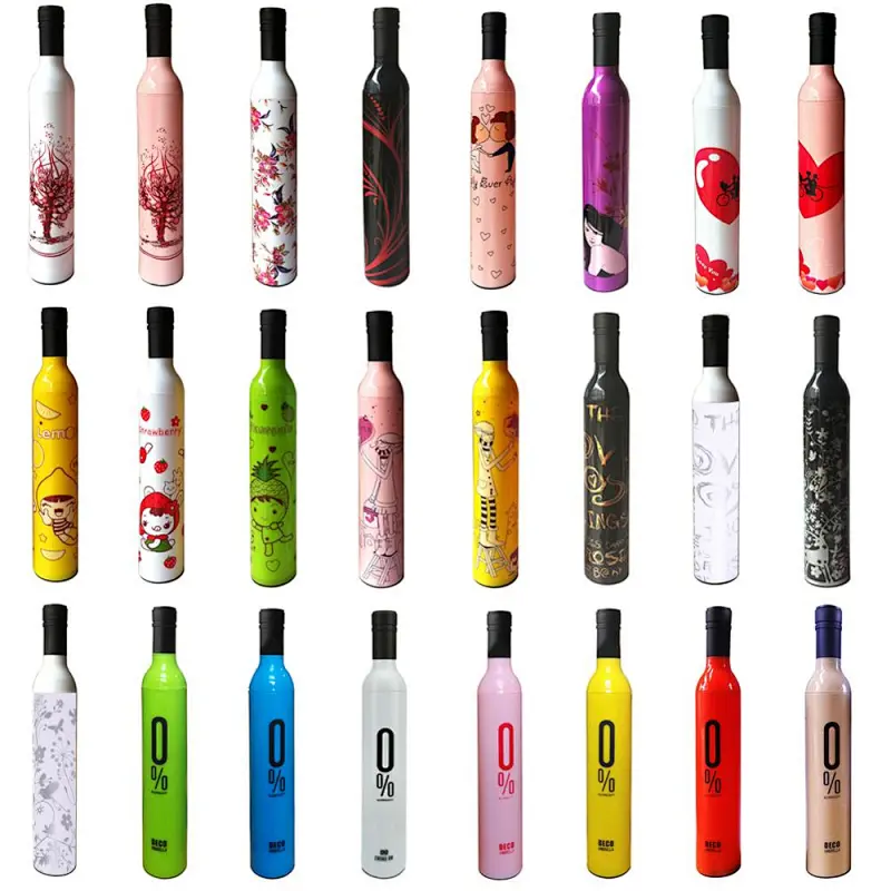 Water Bottle Design Fashion Customized logo Cheap Advertising Gift drink 3 fold 0% wine shape bottle umbrella