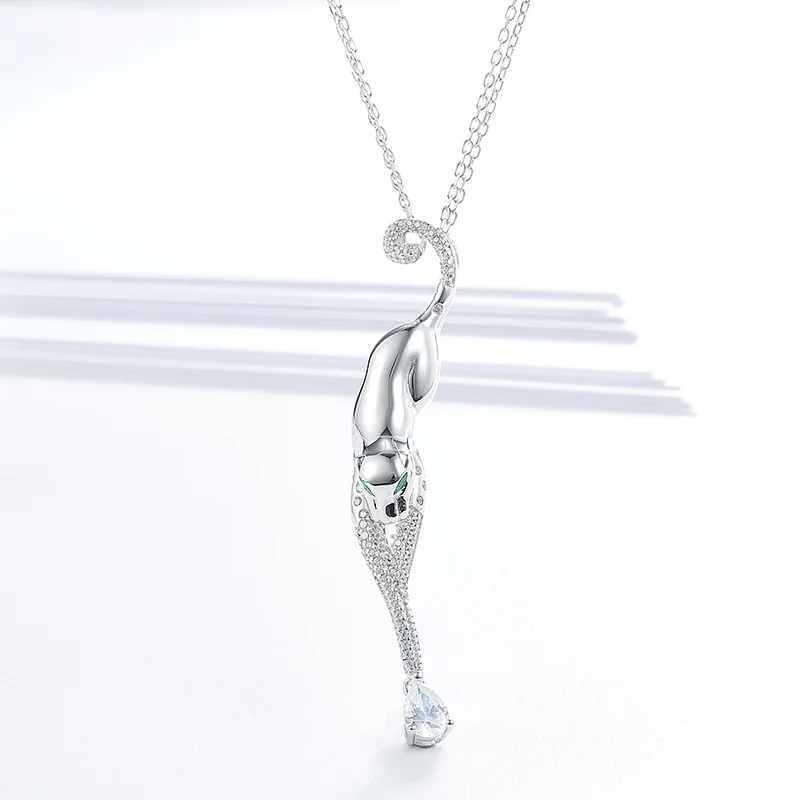 Animals leopard design jewelry necklace, 925 silver inlay zircon