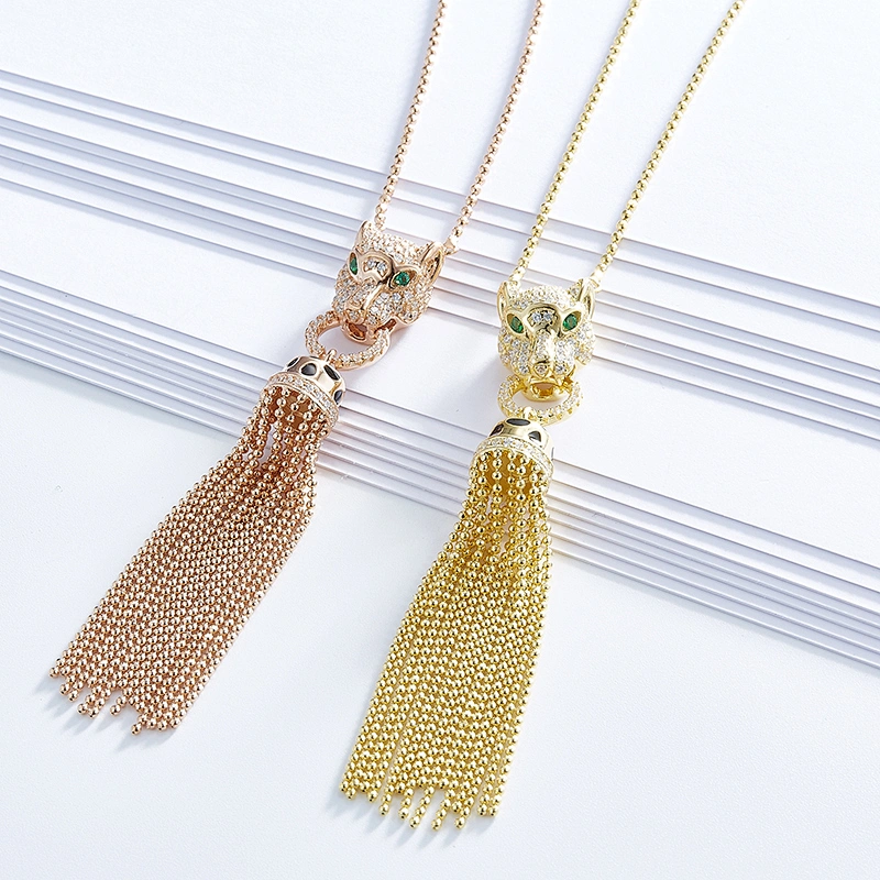 leopard head tassel necklaces,925 silver inlay zircon