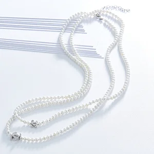 Long cc pearl necklace,925 silver inlay zircon