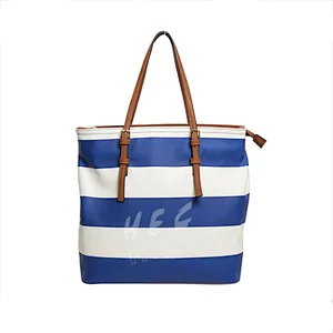HEC Webzhou Wholesaler Supply Custom Logo Printed Ladies White Blue Strip Tote Bag