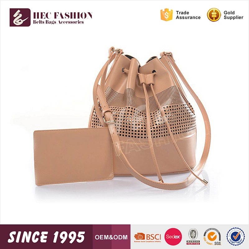 HEC Good Quality Chinese Soft PU Leather Material Metal Designer Drawstring Bucket Tote Bag