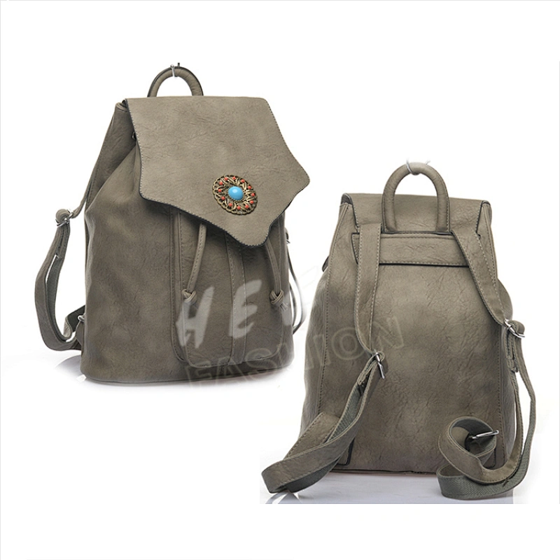 HEC Good Quality Vintage Style Silicone Decorated Beige Color Women Leather Backpack