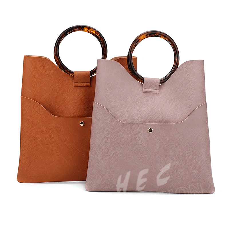 Wholesale high quality shopping pure color brown pink pu leather women lady handbag