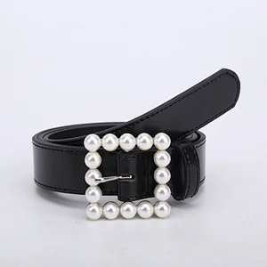New Fashion PU Belt for Ladies with Pearl Decoration Buckle