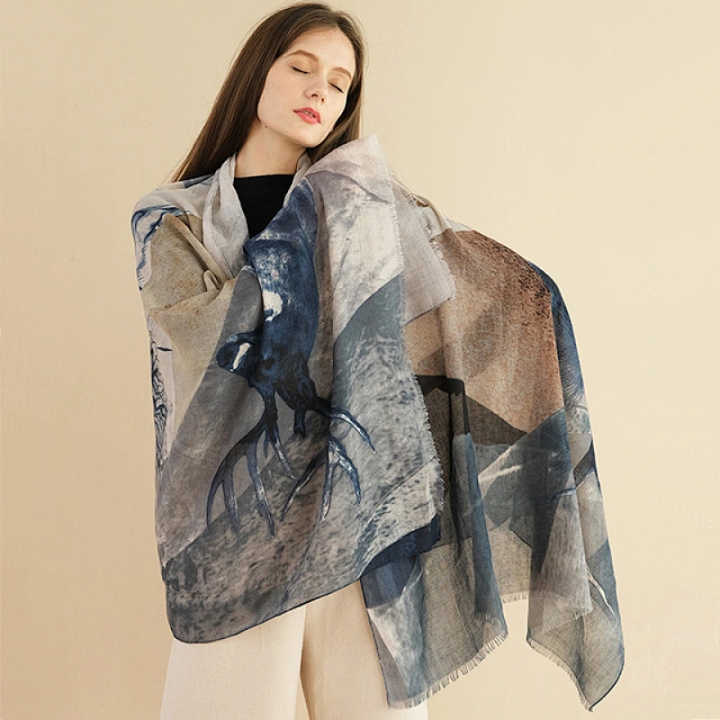 2020 latest design female autumn and winter antelope printing cotton spinning ladies shawl fashion scarf