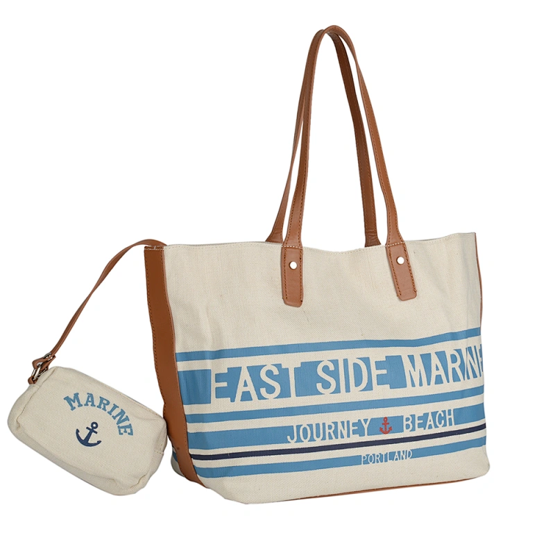HEC Blue Strip Printed Cotton Canvas Leisure Women Shopping Tote Bag
