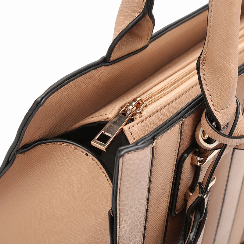 HEC Latest Fashion Top Leather Handbag Brown PU Ladies Tote Bag With Stripe Pattern