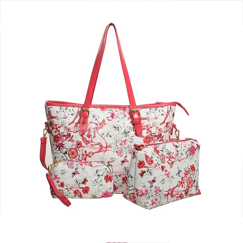 HEC 3 i n 1 Most Popular Branded Pink Flower Printed Yong Girl Ladies Women Purse Handbag Set Bag